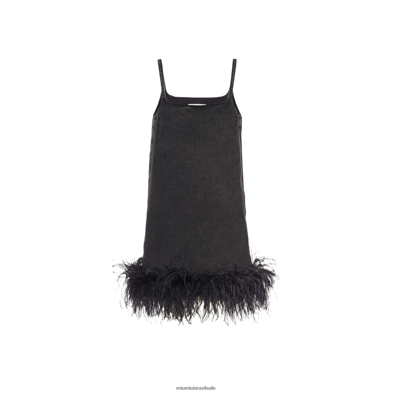 מוכן ללבישה שָׁחוֹר Miu Miu שמלת מיני ג'ינס עם נוצות FNPPL401