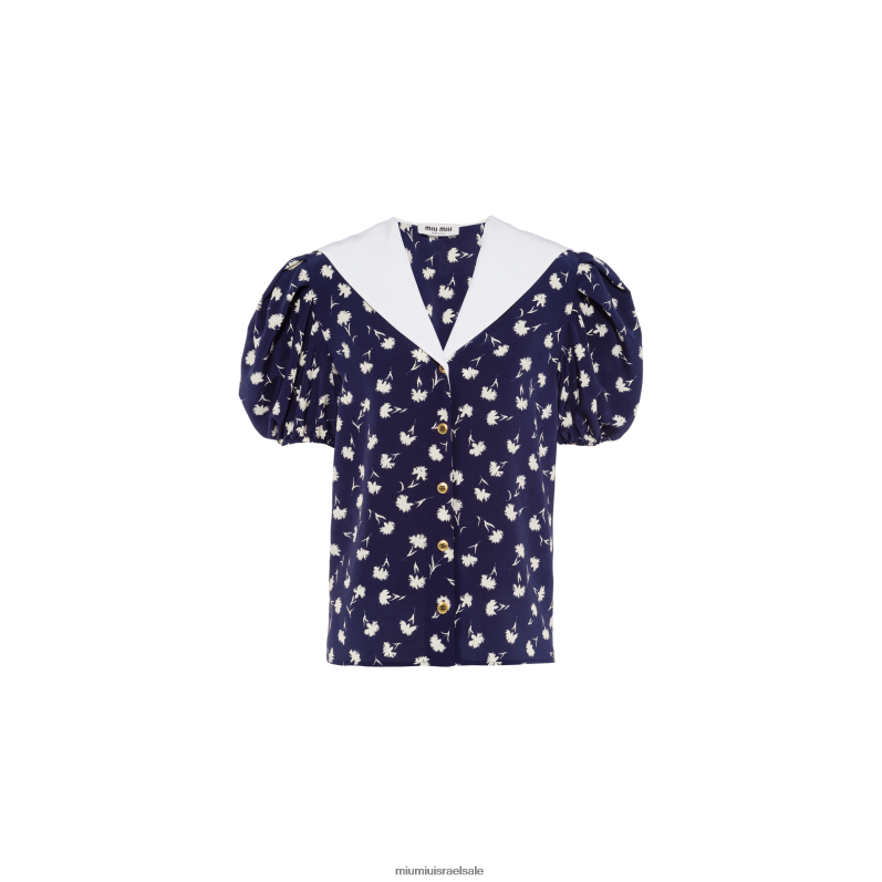 מוכן ללבישה כחול/שנהב Miu Miu חולצת קרפ דה צ'ין עם שרוולים קצרים FNPPL652