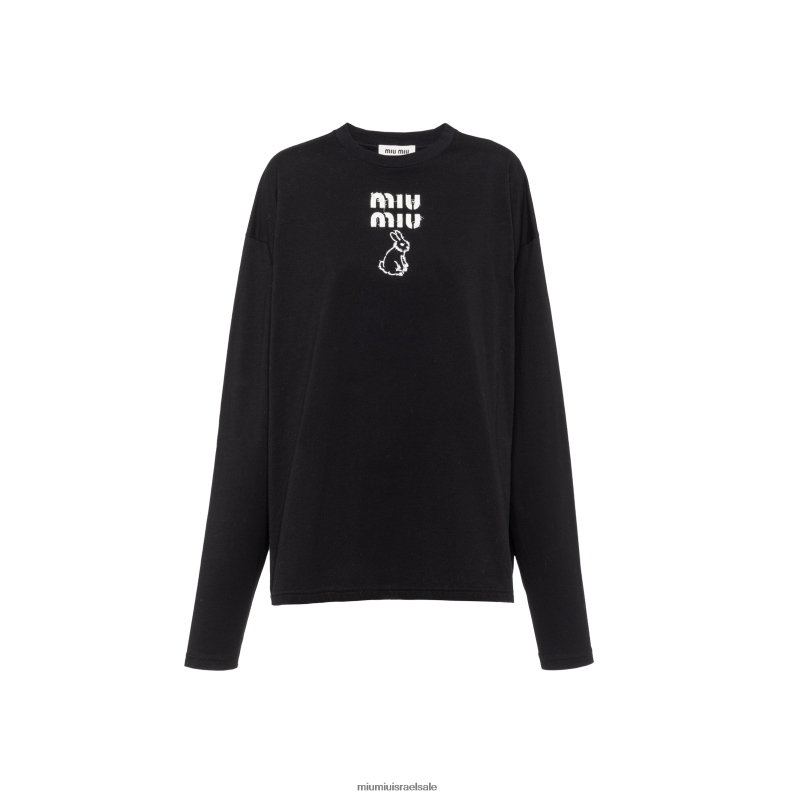 מוכן ללבישה שָׁחוֹר Miu Miu חולצת טריקו מכותנה עם לוגו רקום FNPPL692