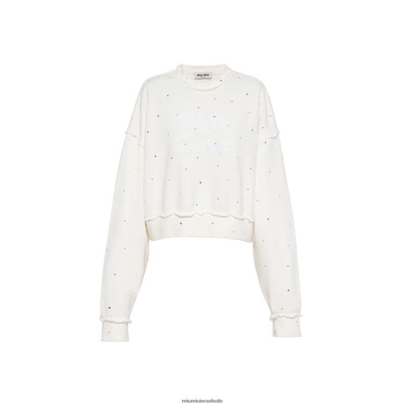 מוכן ללבישה לבן Miu Miu סווטשירט רקום כותנה עם קריסטלים FNPPL693