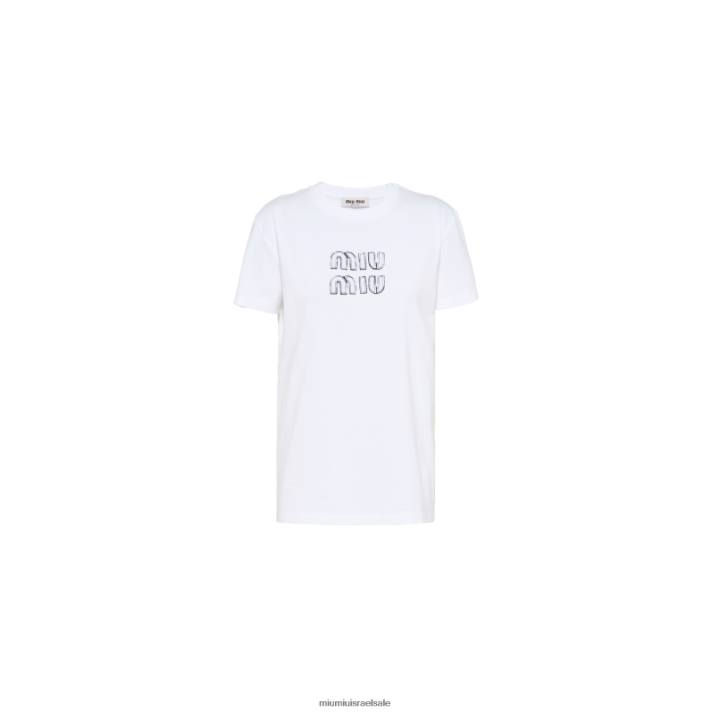 מוכן ללבישה לבן Miu Miu חולצת טריקו מכותנה רקומה FNPPL694