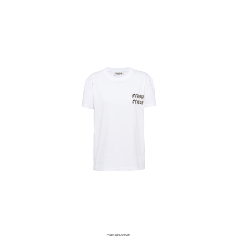 מוכן ללבישה לבן/ קריסטל Miu Miu חולצת טריקו מכותנה רקומה FNPPL695