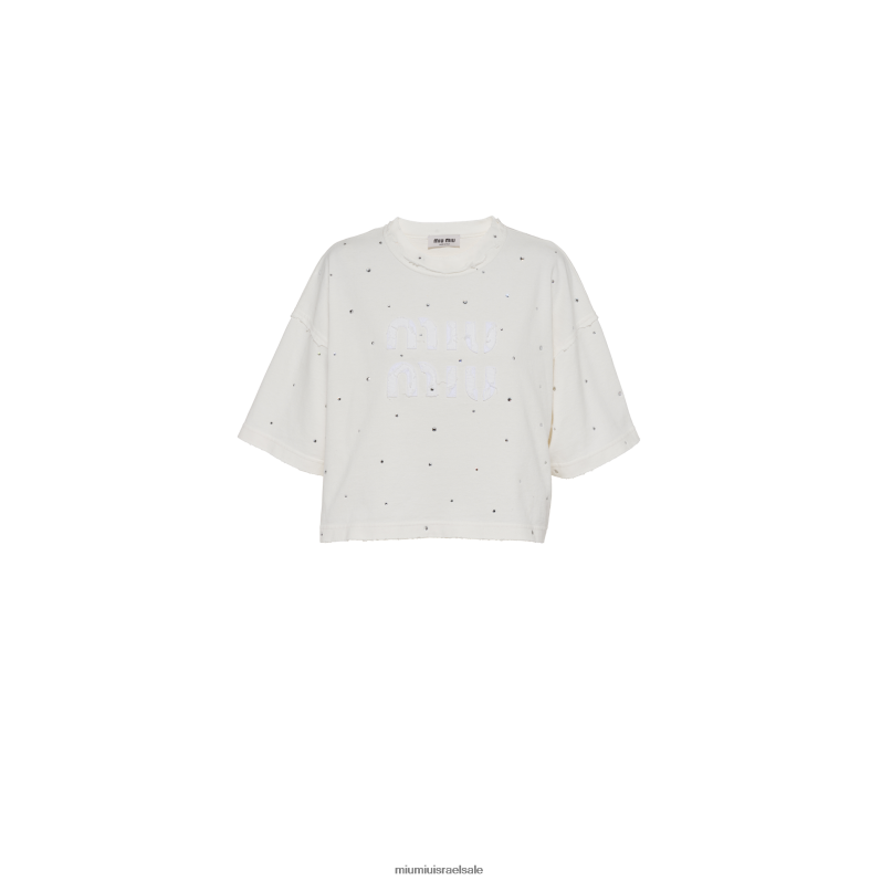 מוכן ללבישה לבן Miu Miu חולצת טי כותנה עם קריסטלים FNPPL697