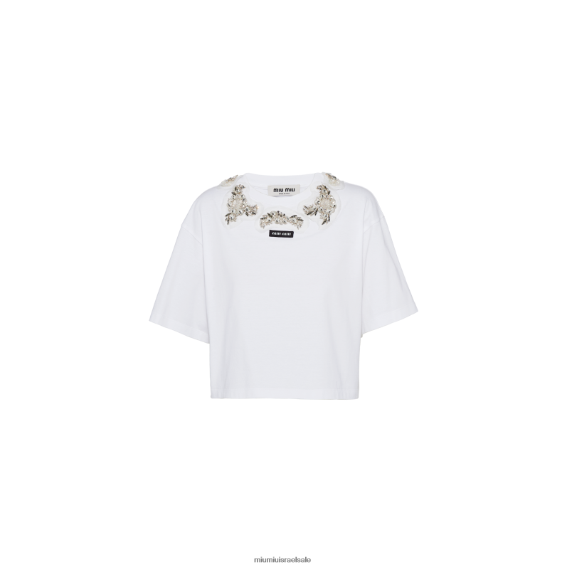 מוכן ללבישה לבן Miu Miu חולצת טריקו מכותנה רקומה FNPPL713