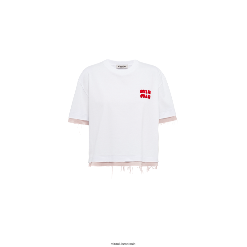 מוכן ללבישה לבן/אופל Miu Miu חולצת טריקו מכותנה רקומה עם מכפלת בגזרה גולמית FNPPL714