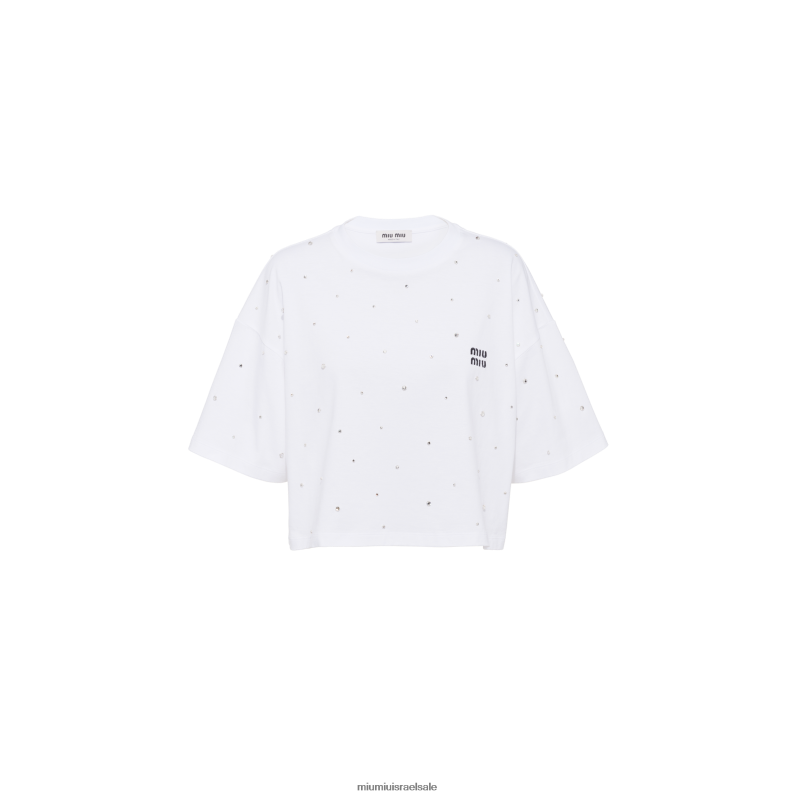 מוכן ללבישה לבן Miu Miu חולצת טריקו מכותנה קצוצה עם לוגו רקום FNPPL719