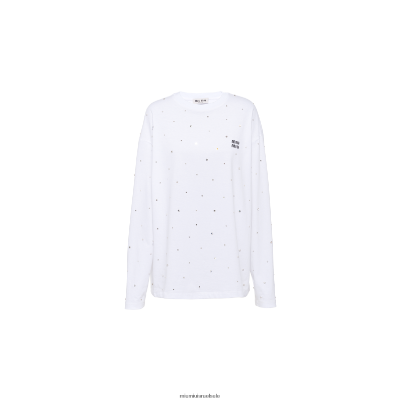 מוכן ללבישה לבן Miu Miu חולצת טי רקומה מכותנה עם שרוולים ארוכים FNPPL721