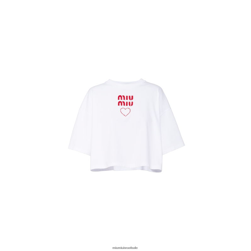 מוכן ללבישה לבן Miu Miu חולצת טריקו מבד ג'רסי מכותנה רקומה FNPPL725